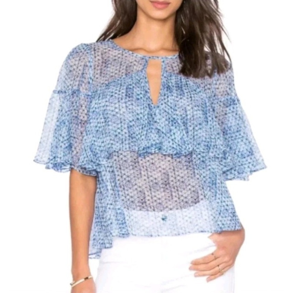 Rebecca Taylor Top Womens 2 Silk Ruffle Fairy Short Sleeve Shibori Printed Flowy